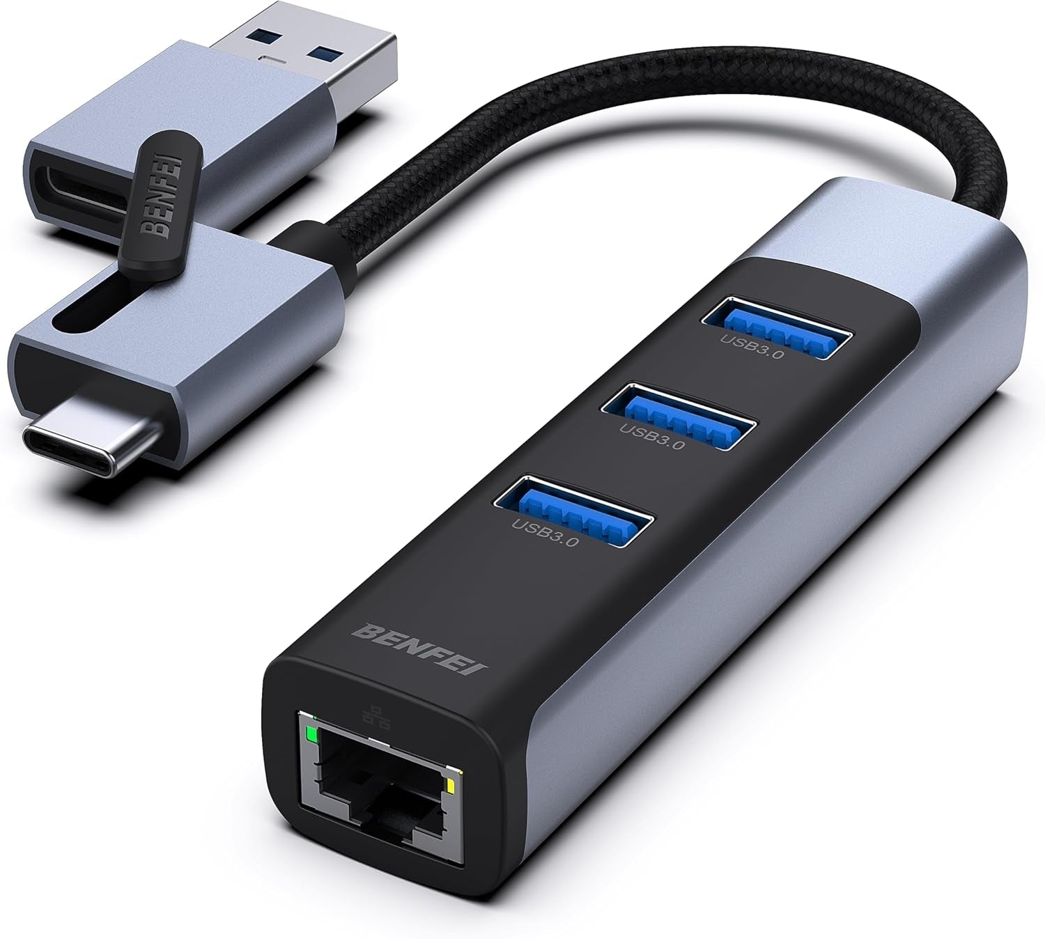 BENFEI 350GY 2-in-1 USB-C+USB 3.0 to RJ45 Gigabit Ethernet Port + 3-Port USB 3.0 HUB - SuperSaverAU - view 1