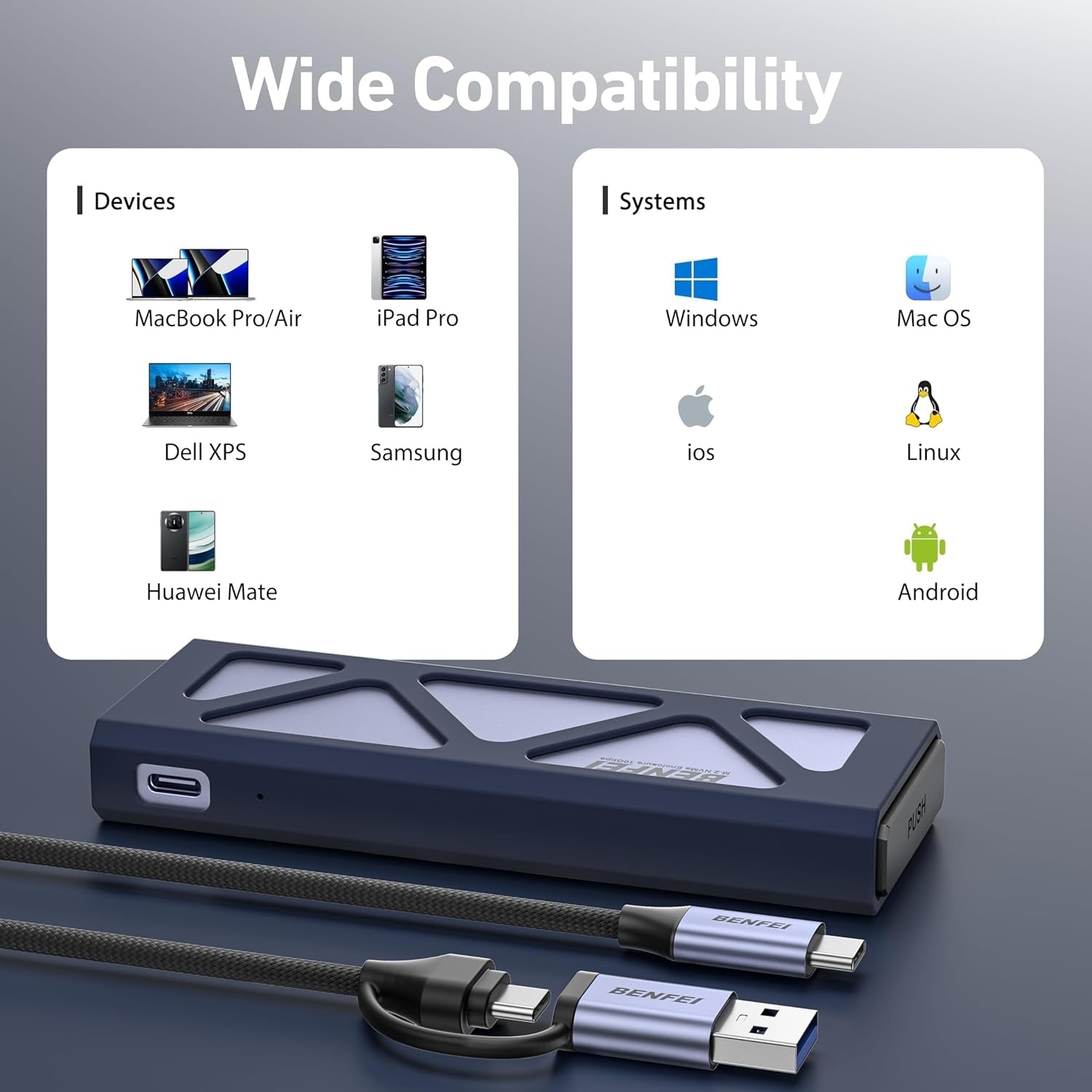 BENFEI M.2 SSD Enclosure USB3.2 Gen2 10 Gbps, Tool-Free for NVME B & M Keys with Size 2230/2242/2260/2280 SSDs - SuperSaverAU - view 8