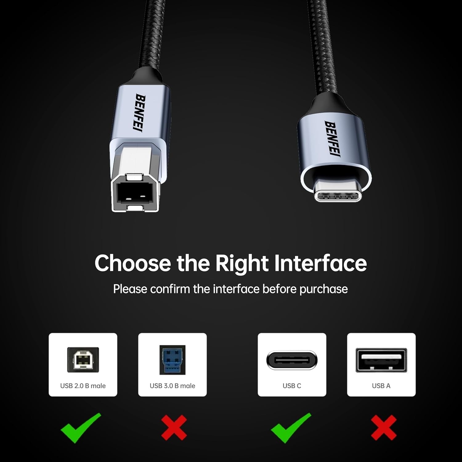 BENFEI 405GY-2M USB B to USB C Printer Cable, Nylon Braided, Premium Aluminium Alloy Case 2M - SuperSaverAU - view 6