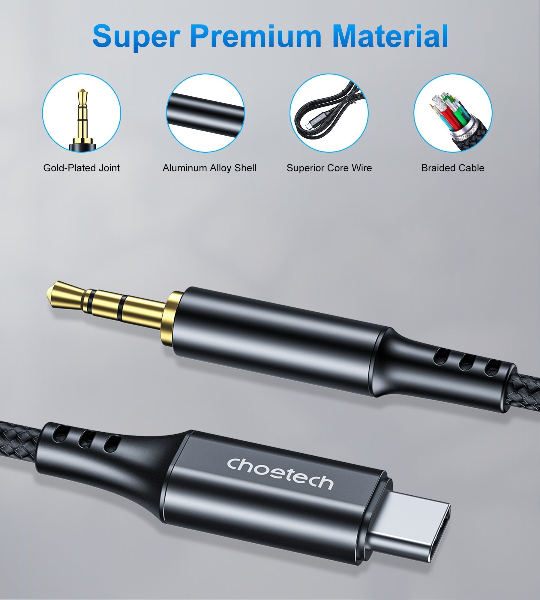 CHOETECH Type-C to 3.5mm AUX Cable 1M, 24bit/96kHz, Durable, Plug and Play - SuperSaverAU - view 5
