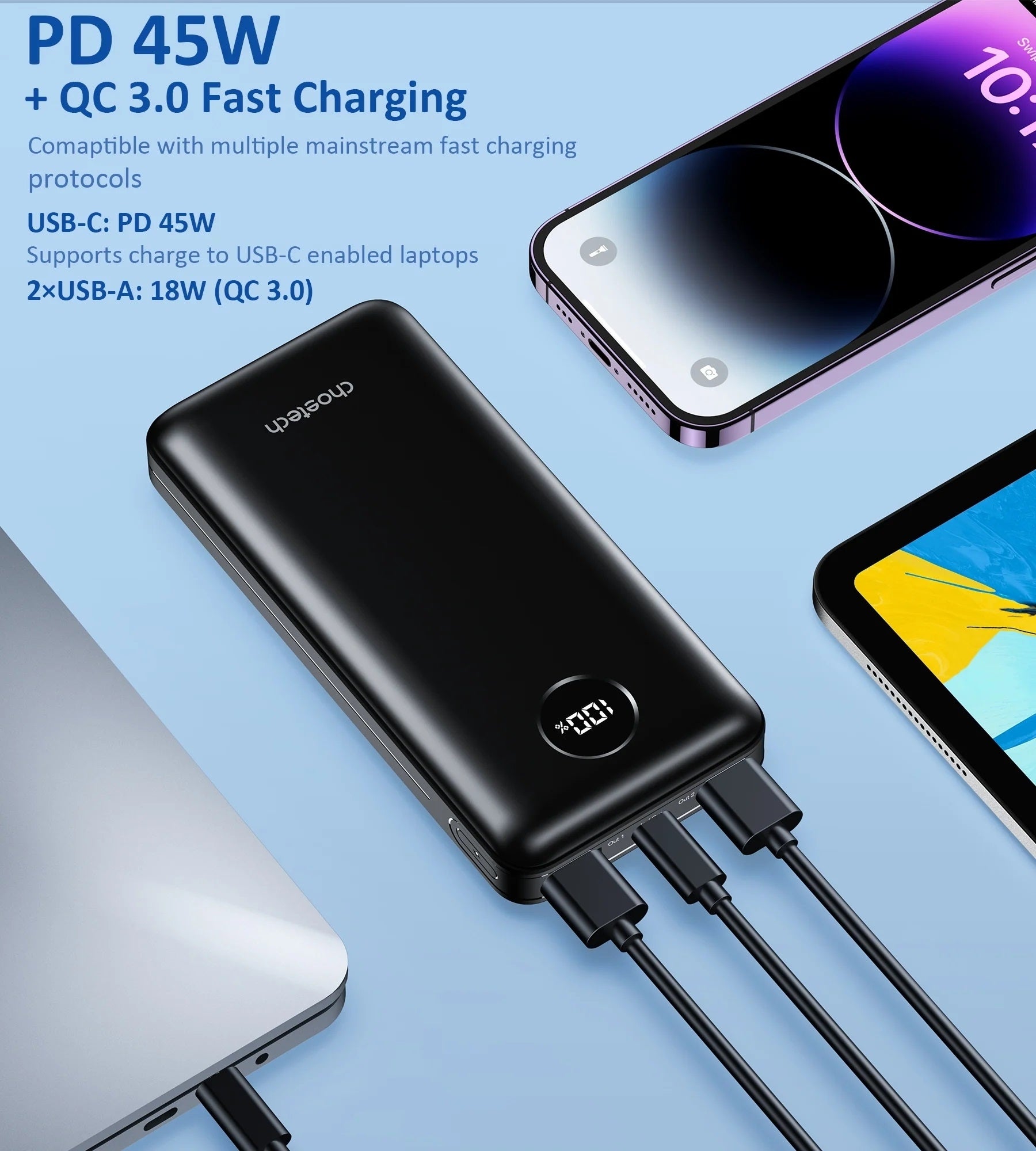Choetech 20000mAh Portable Power Bank, USB-C 45W Fast Charging, 3 Ports - SuperSaverAU - view 4