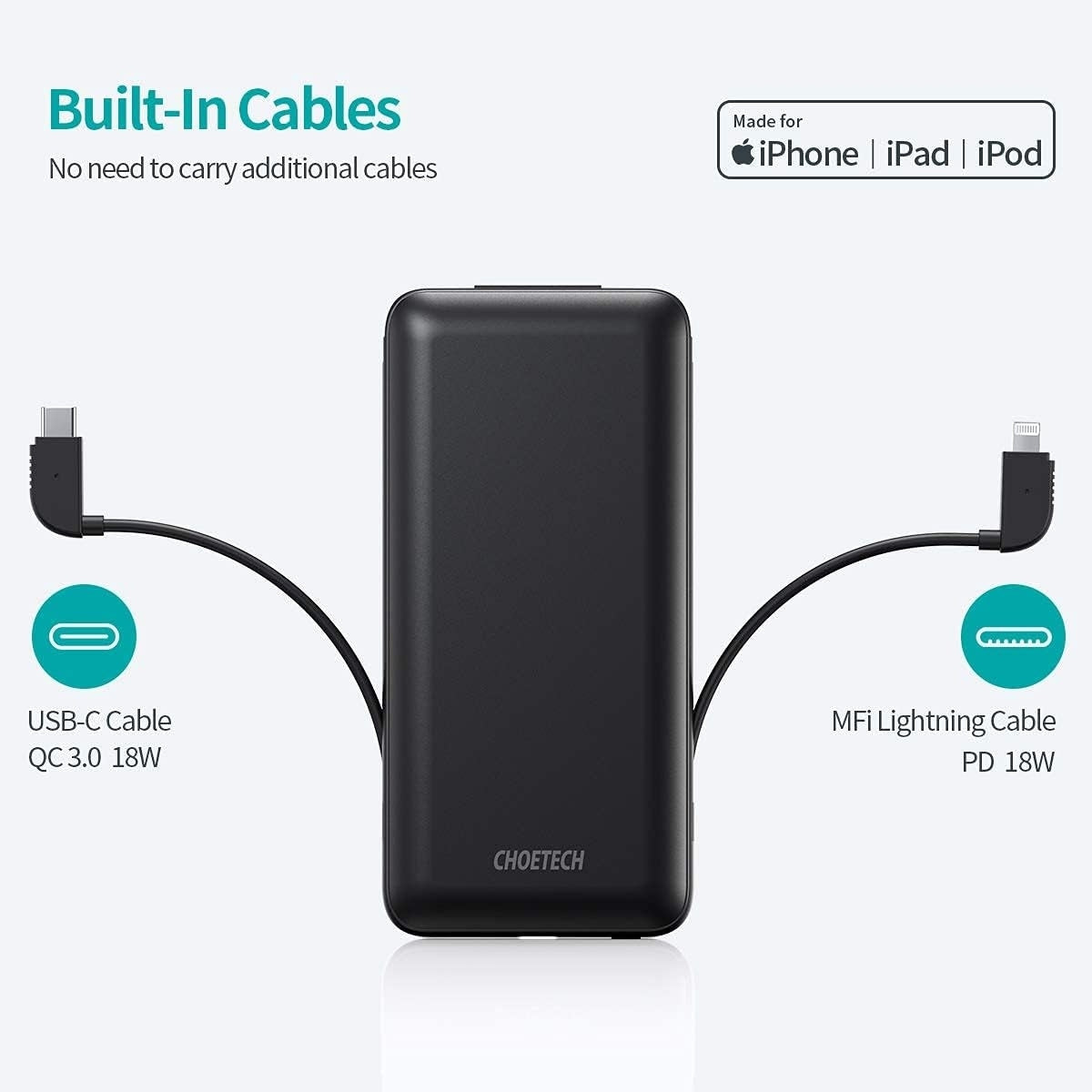 CHOETECH B688-BK 10000mAh MFi Certified PD18W Power Bank (with 2 cables) - SuperSaverAU - view 2