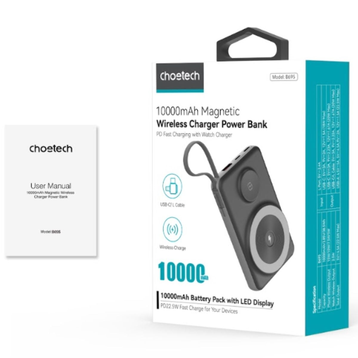 CHOETECH B695-BK 10000mAh 22.5W USB-A + USB-C x 2 + MagLeap Wireless Charge Power Bank Black - SuperSaverAU - view 7