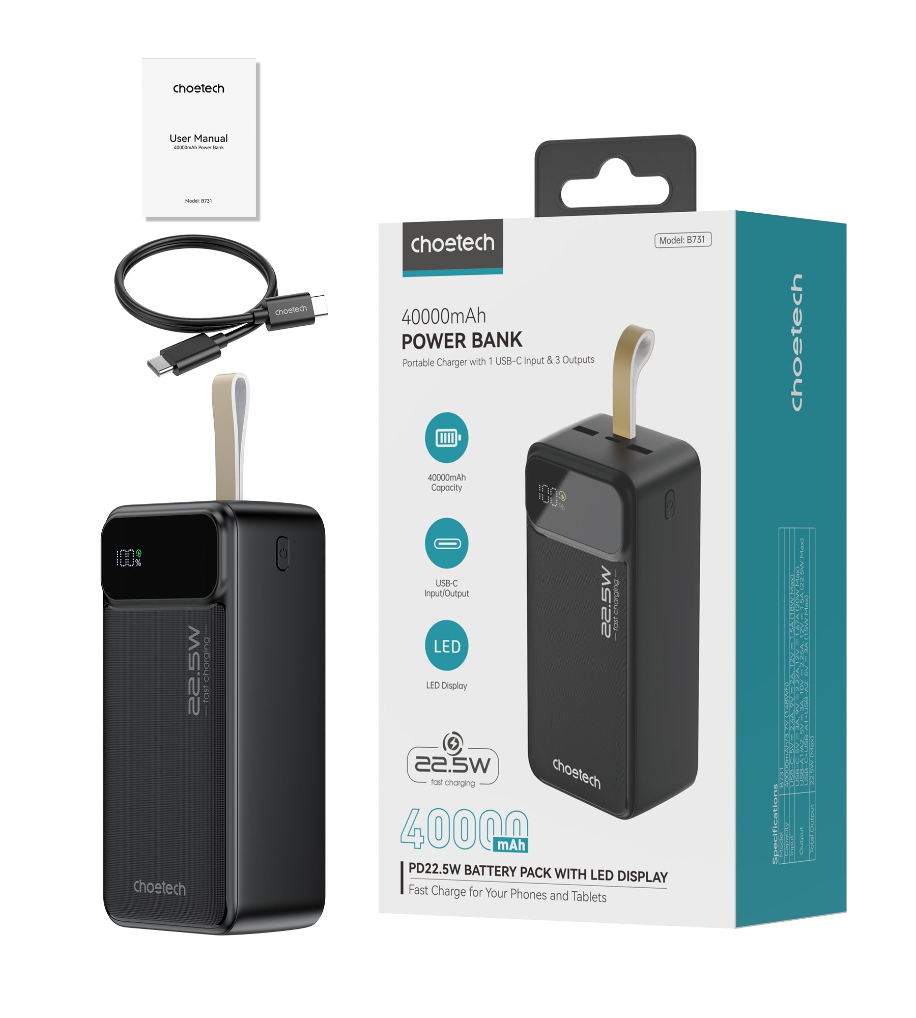 CHOETECH B731 40000mAh Power Bank PD22.5W with Digital Display - SuperSaverAU - view 11