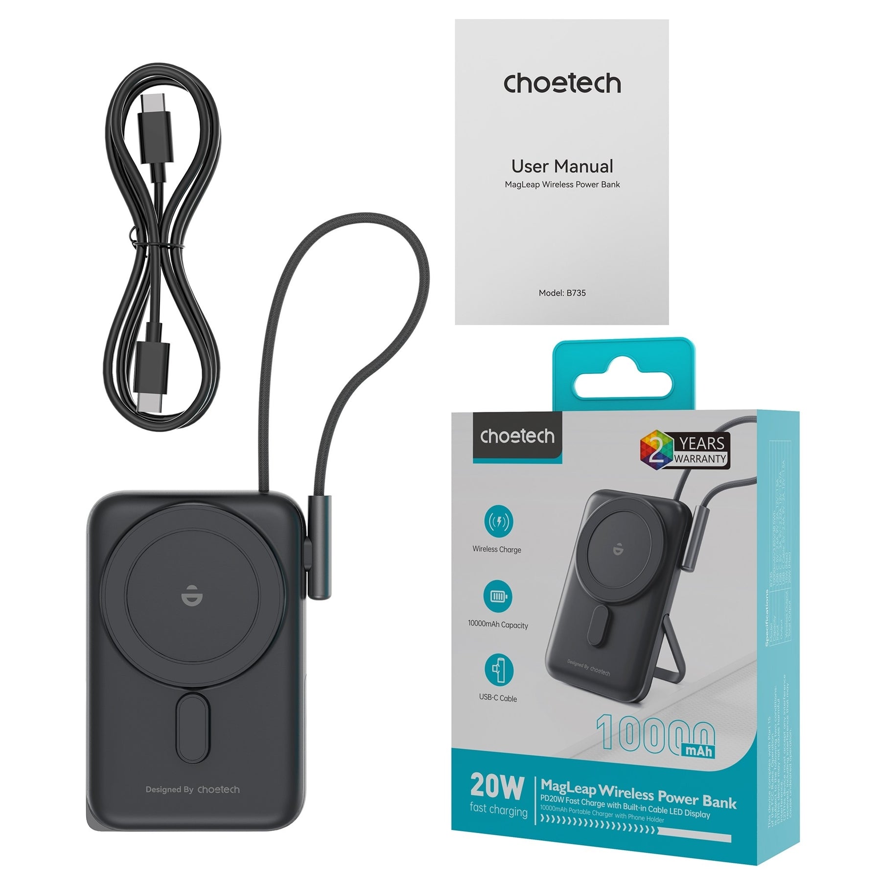 CHOETECH B735-BK 10000mAh 20W MagLeap Wireless Power Bank Black with Phone Holder and Build-in Cable - SuperSaverAU - view 4