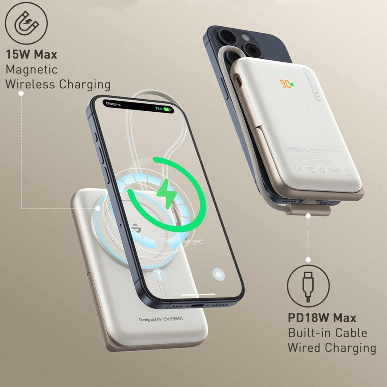 CHOETECH B735-WH 10000mAh 20W MagLeap Wireless Power Bank White with Phone Holder and Build-in Cable - SuperSaverAU - view 3