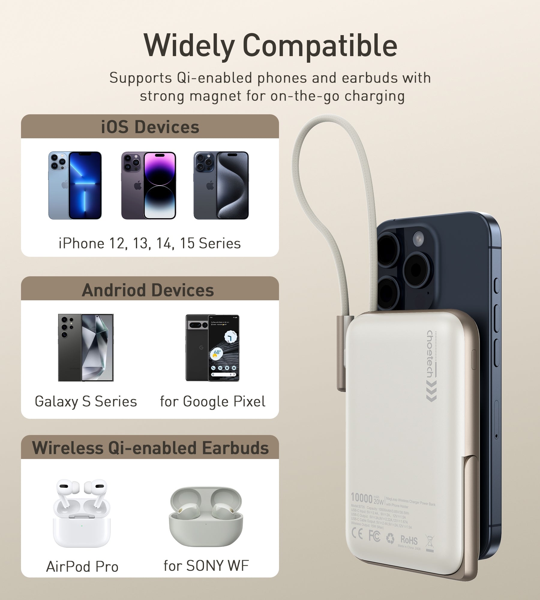 CHOETECH B735-WH 10000mAh 20W MagLeap Wireless Power Bank White with Phone Holder and Build-in Cable - SuperSaverAU - view 4