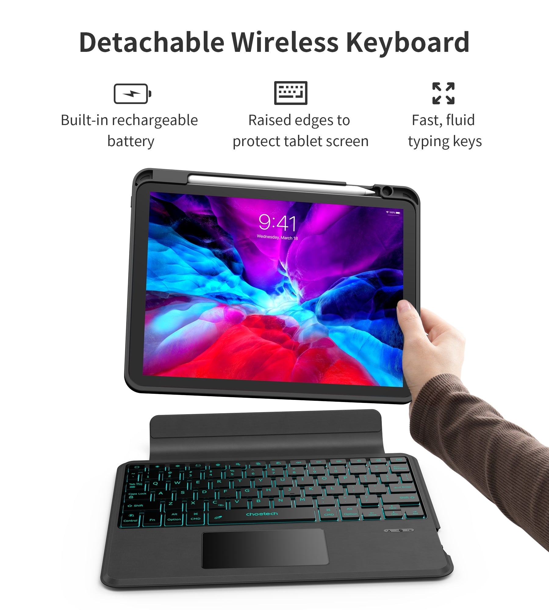 CHOETECH BH-018 Wireless Keyboard with Touchpad and Backlight for iPad Pro 11 " (Black) - SuperSaverAU - view 3