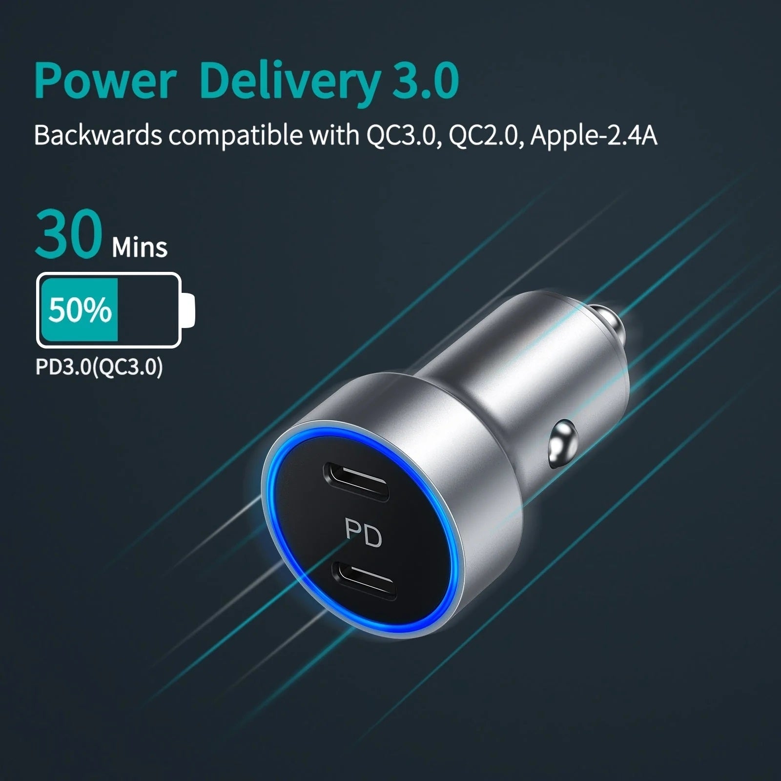 CHOETECH C0054-SL Dual Port PD 40W USB-C Car Charger Adapter Silver - SuperSaverAU - view 2