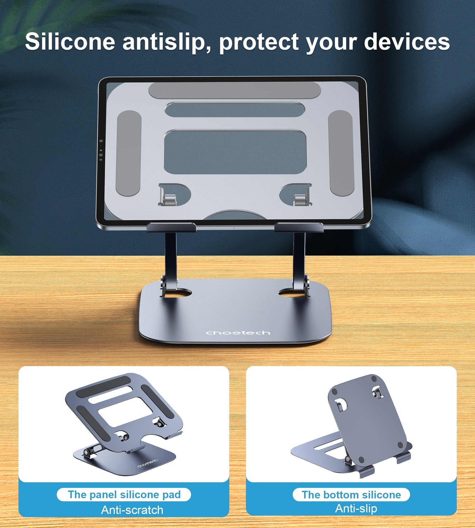 CHOETECH Laptop/Tablet Stand Holder, Adjustable, 7-13 inch, Aluminum/Silicone, Portable - SuperSaverAU - view 5