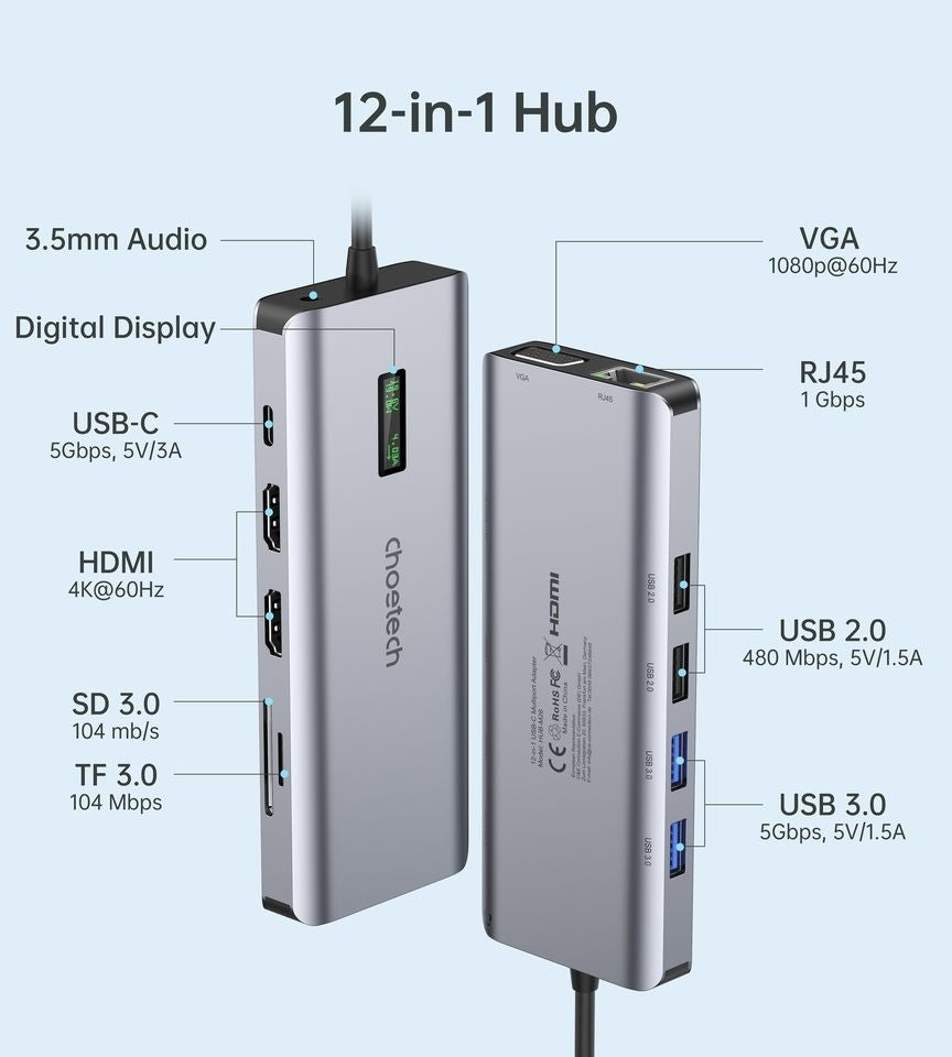 CHOETECH 12-in-1 USB-C Multiport Adapter with 4K HDMI, 100W PD Charging - SuperSaverAU - view 2
