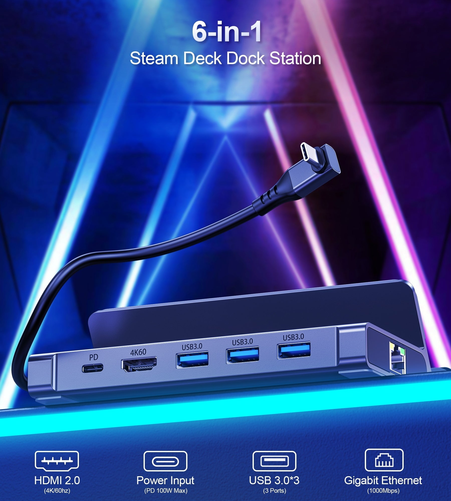 CHOETECH HUB-M50 6-in-1 USB-C 100W Aluminum Steam Deck Docking Station - SuperSaverAU - view 4