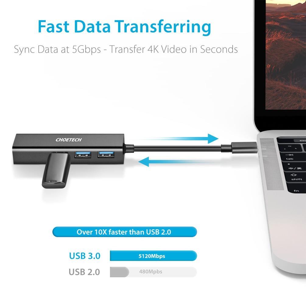 CHOETECH HUB-U02 USB-C To Ethernet Hub - SuperSaverAU - view 3