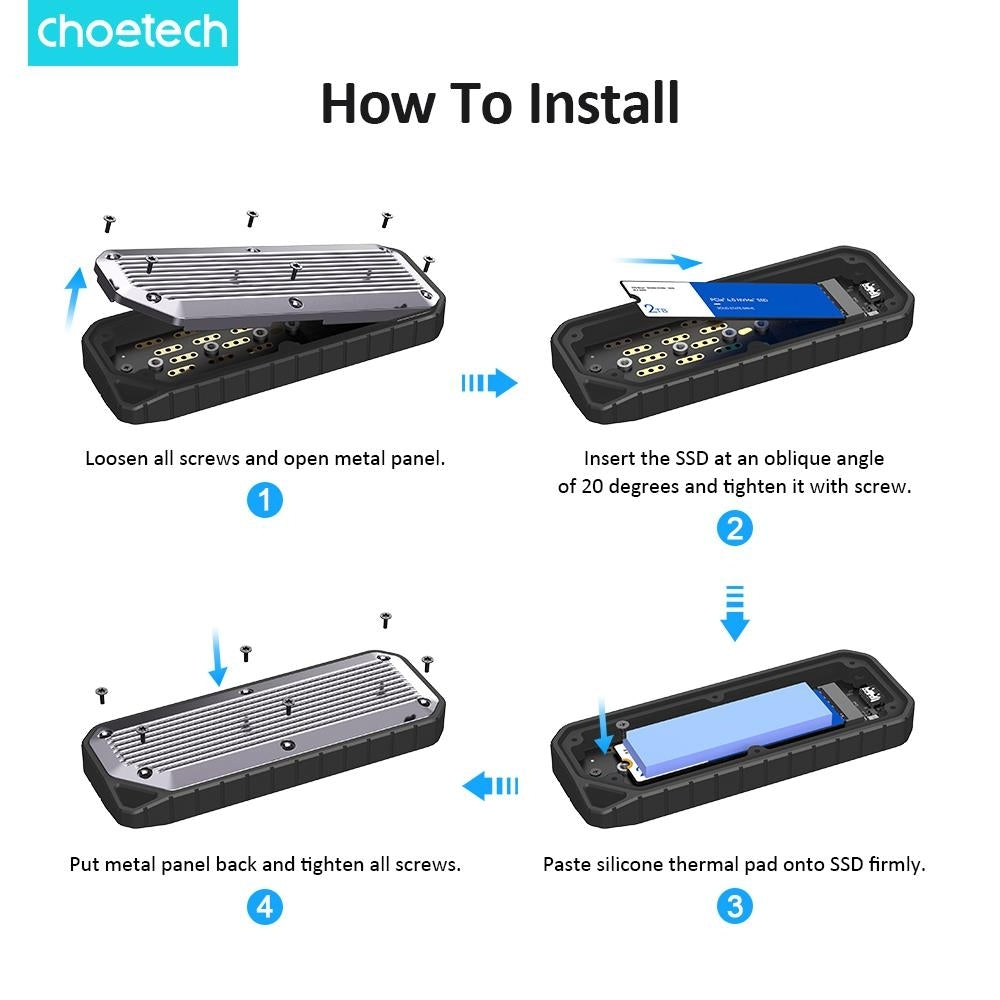 CHOETECH MSE004-GY USB3.2 Chips M.2 NVME / SATA SSD Protocol 10Gbps Transfer Speed Enclosure with IP65 water-Proof and Dust -Proof (Support 8TB Max) - SuperSaverAU - view 6