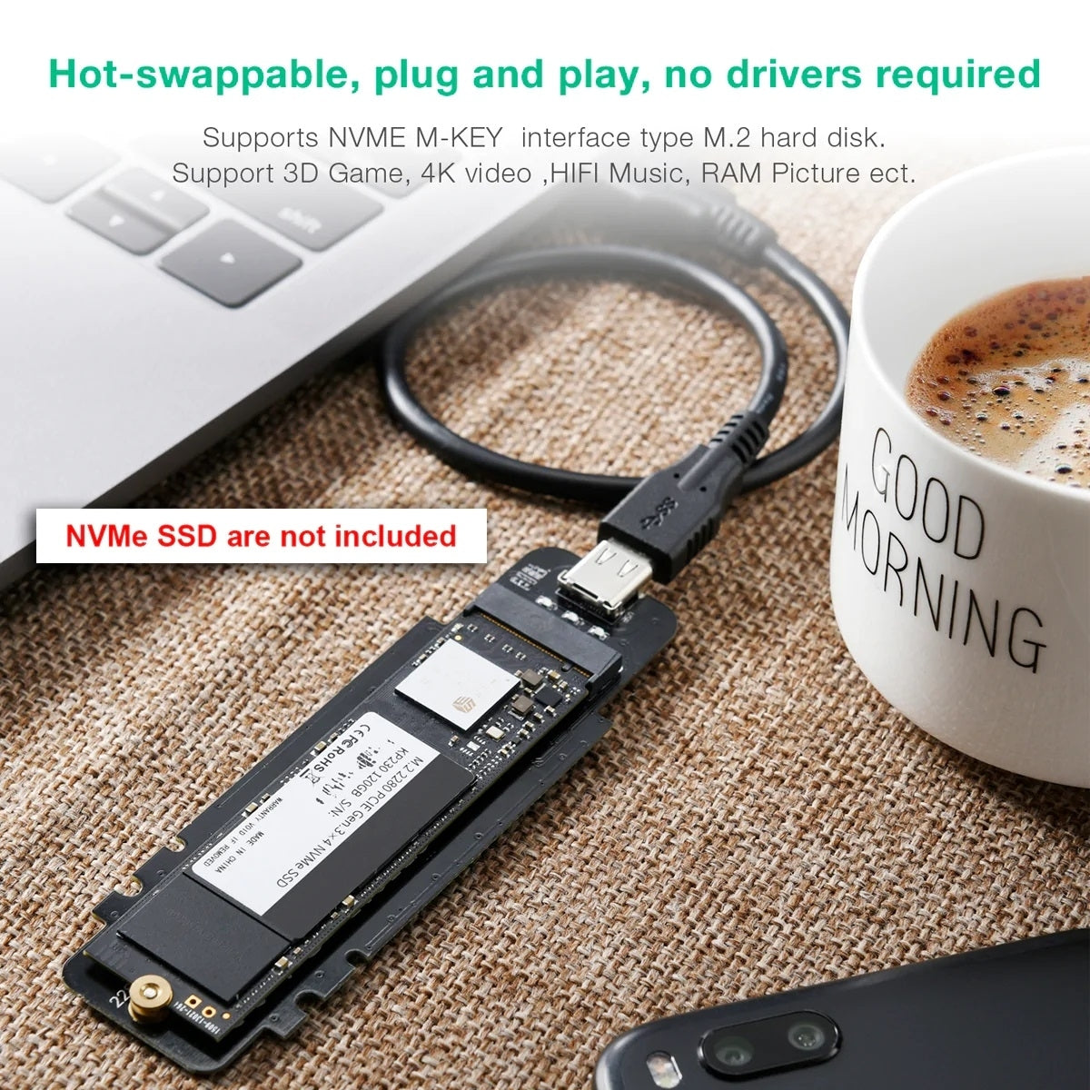 CHOETECH M.2 to USB SSD Reader, Supports 2230/2242/2260/2280 M-Key PCI-E NVMe - SuperSaverAU - view 5