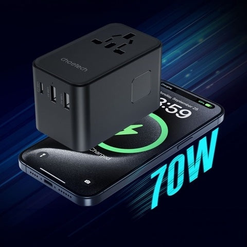 CHOETECH PD5022 70W EU/US/AUS/UK Travel Adapter with Built-in USB-C Cable - Black - SuperSaverAU - view 2