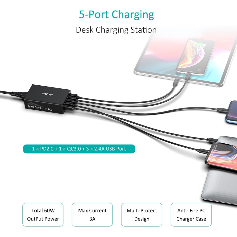 CHOETECH Q34U2Q 5-Port 60W PD Charger with 30W Power Delivery and 18W Quick Charge 3.0 - SuperSaverAU - view 3