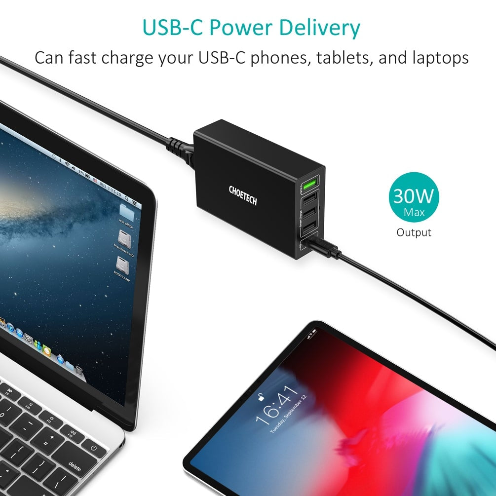 CHOETECH Q34U2Q 5-Port 60W PD Charger with 30W Power Delivery and 18W Quick Charge 3.0 - SuperSaverAU - view 6