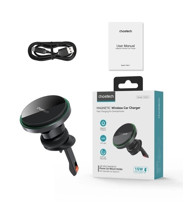 CHOETECH 15W Magnetic Car Charger Holder with LED Light, 360° Rotation, Black - SuperSaverAU - view 5