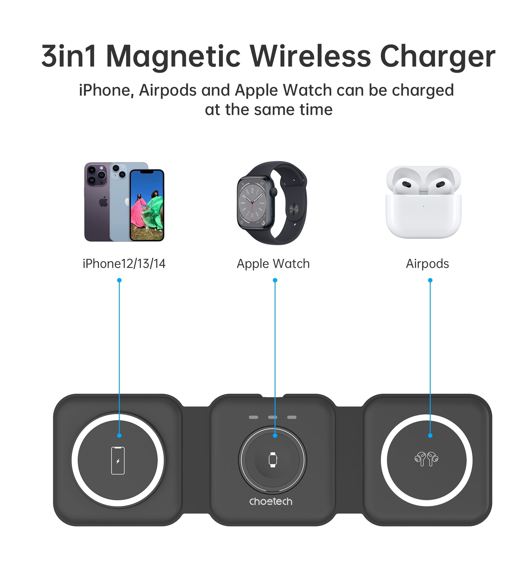 CHOETECH T588-F-BK 3-in-1 Foldable Fast Wireless Charger for Phone/Watch/Earphone - SuperSaverAU - view 4