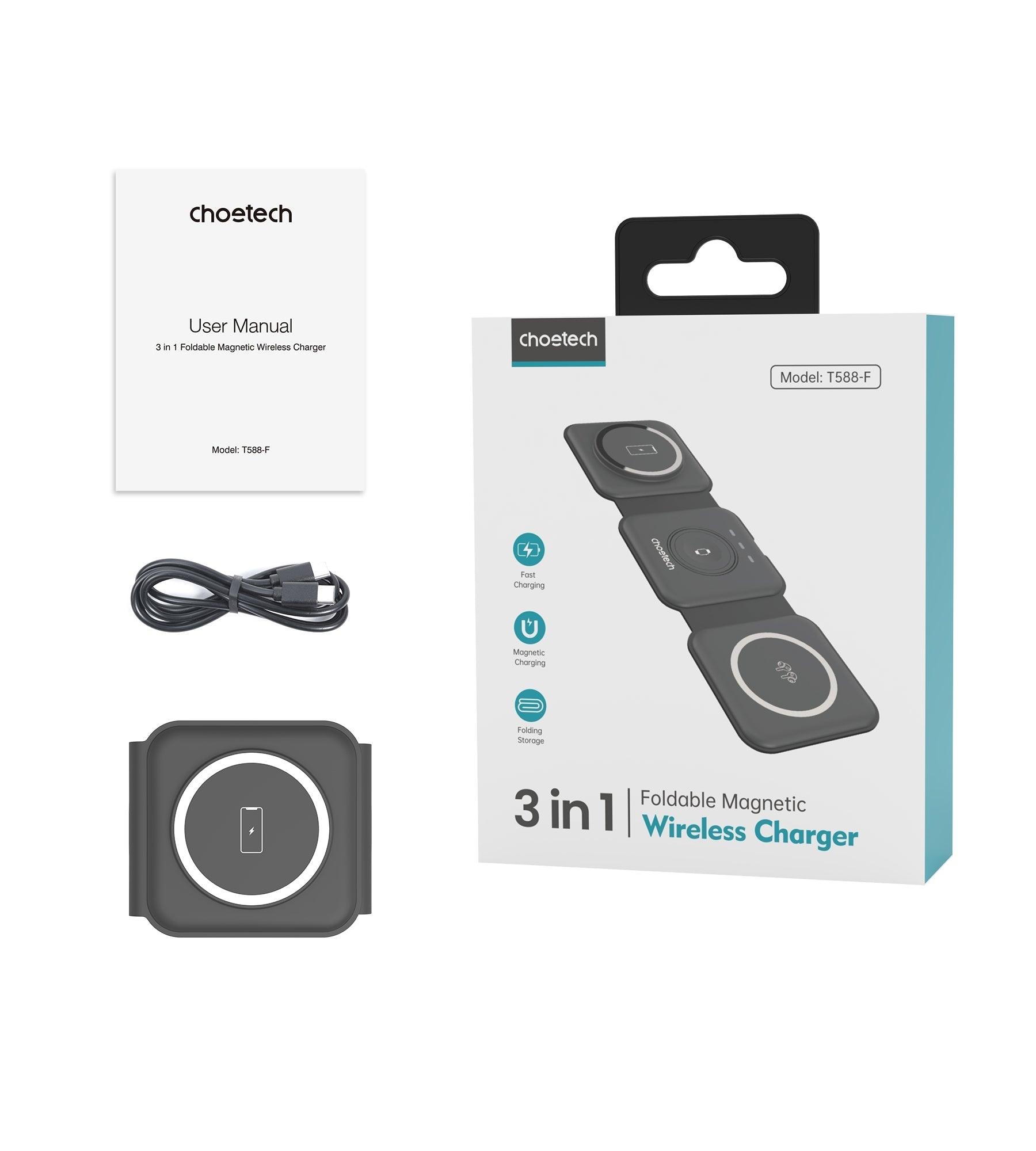CHOETECH T588-F-BK 3-in-1 Foldable Fast Wireless Charger for Phone/Watch/Earphone - SuperSaverAU - view 11