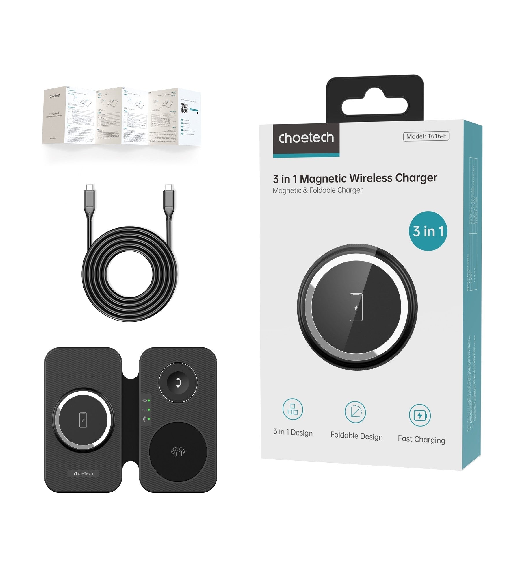 CHOETECH T616-F-BK 3in1 Magnetic Foldable Wireless Charger Black - SuperSaverAU - view 3