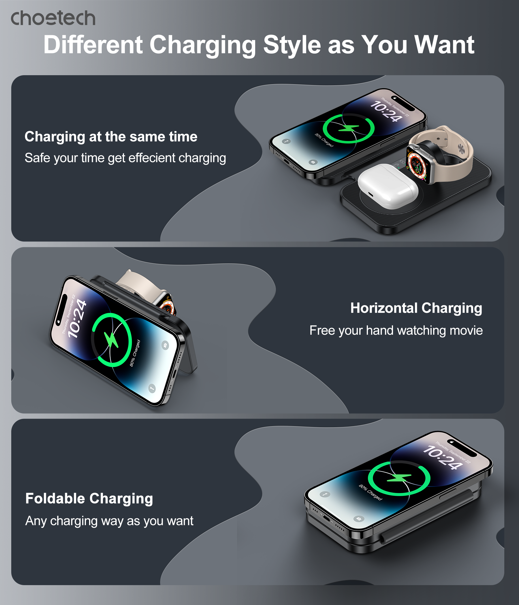 CHOETECH T616-F-BK 3in1 Magnetic Foldable Wireless Charger Black - SuperSaverAU - view 5
