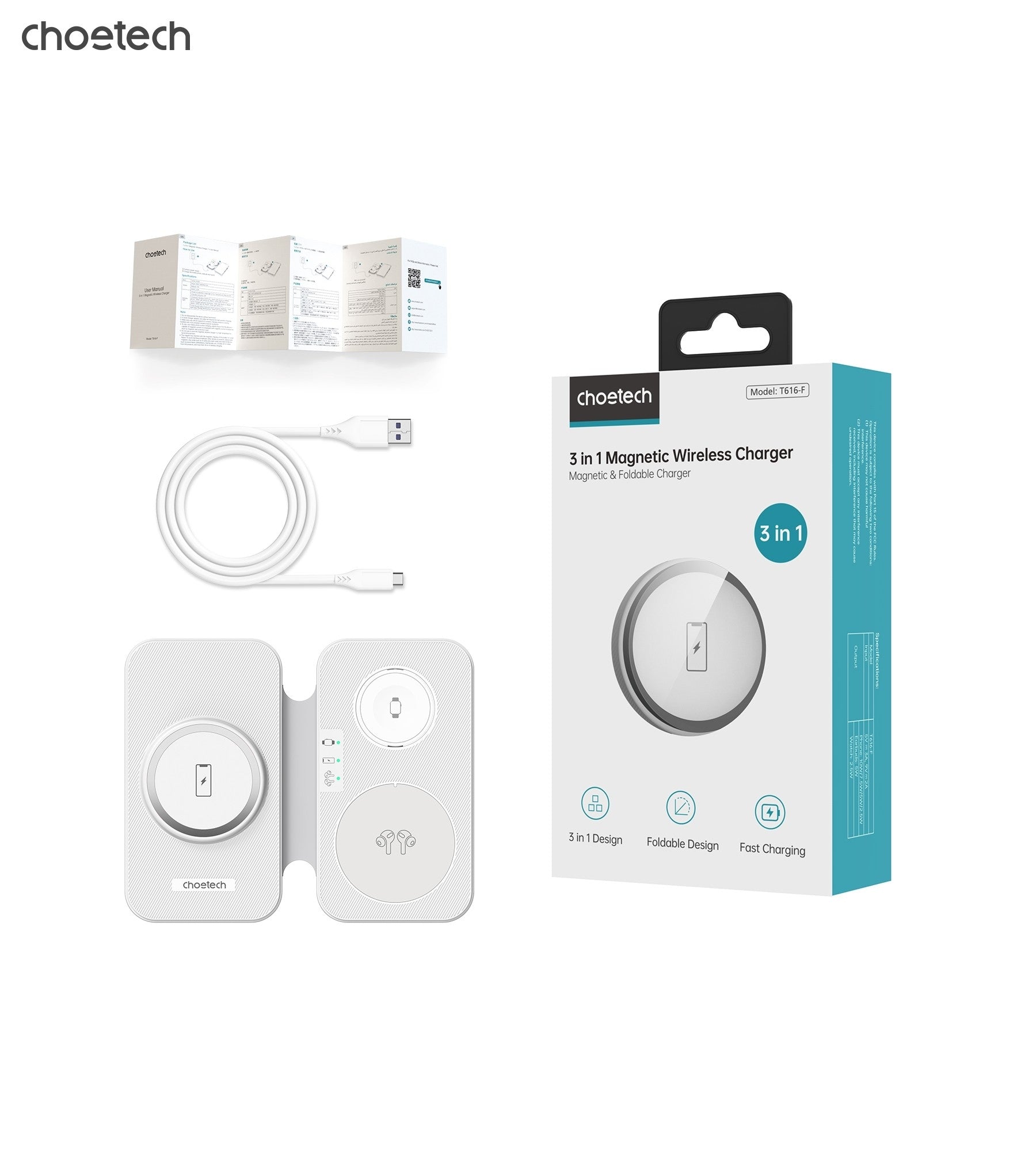 CHOETECH T616-F-WH 3in1 Magnetic Foldable Wireless Charger White - SuperSaverAU - view 9