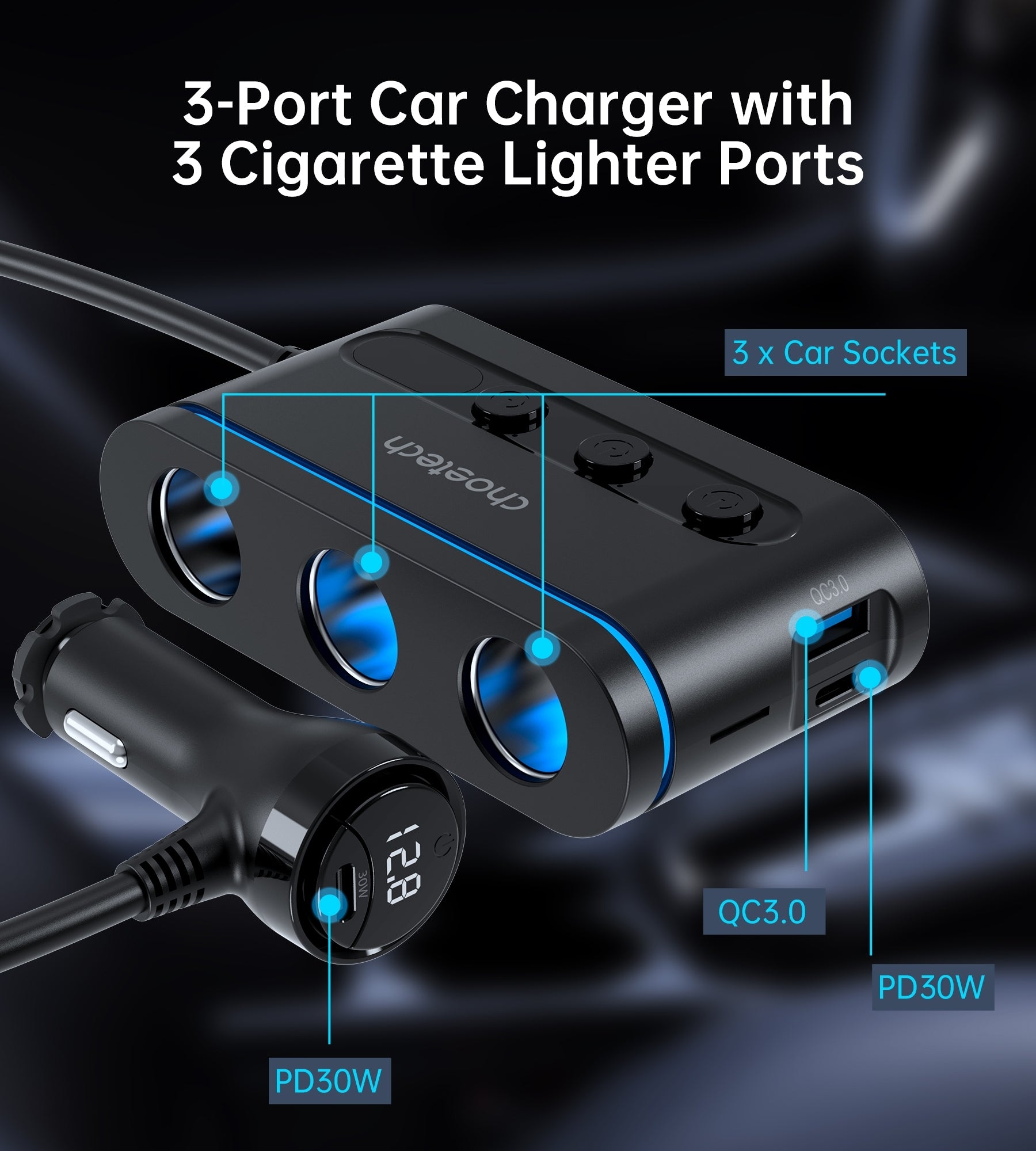 CHOETECH TC0021 3 Sockets 2C+1A Cigarette Lighter Splitter Black - SuperSaverAU - view 6