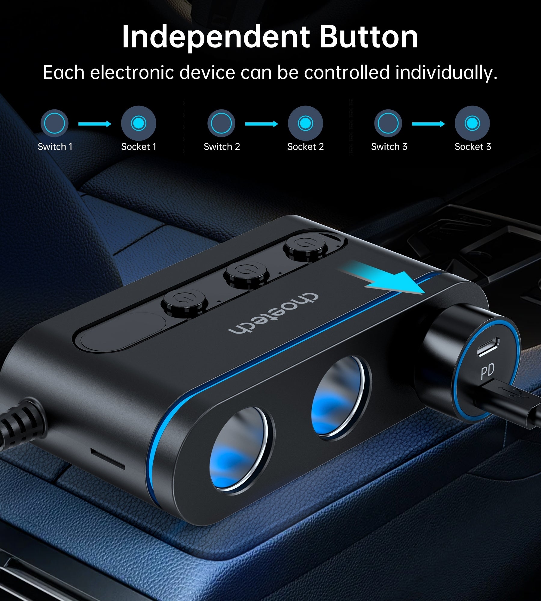 CHOETECH TC0021 3 Sockets 2C+1A Cigarette Lighter Splitter Black - SuperSaverAU - view 8