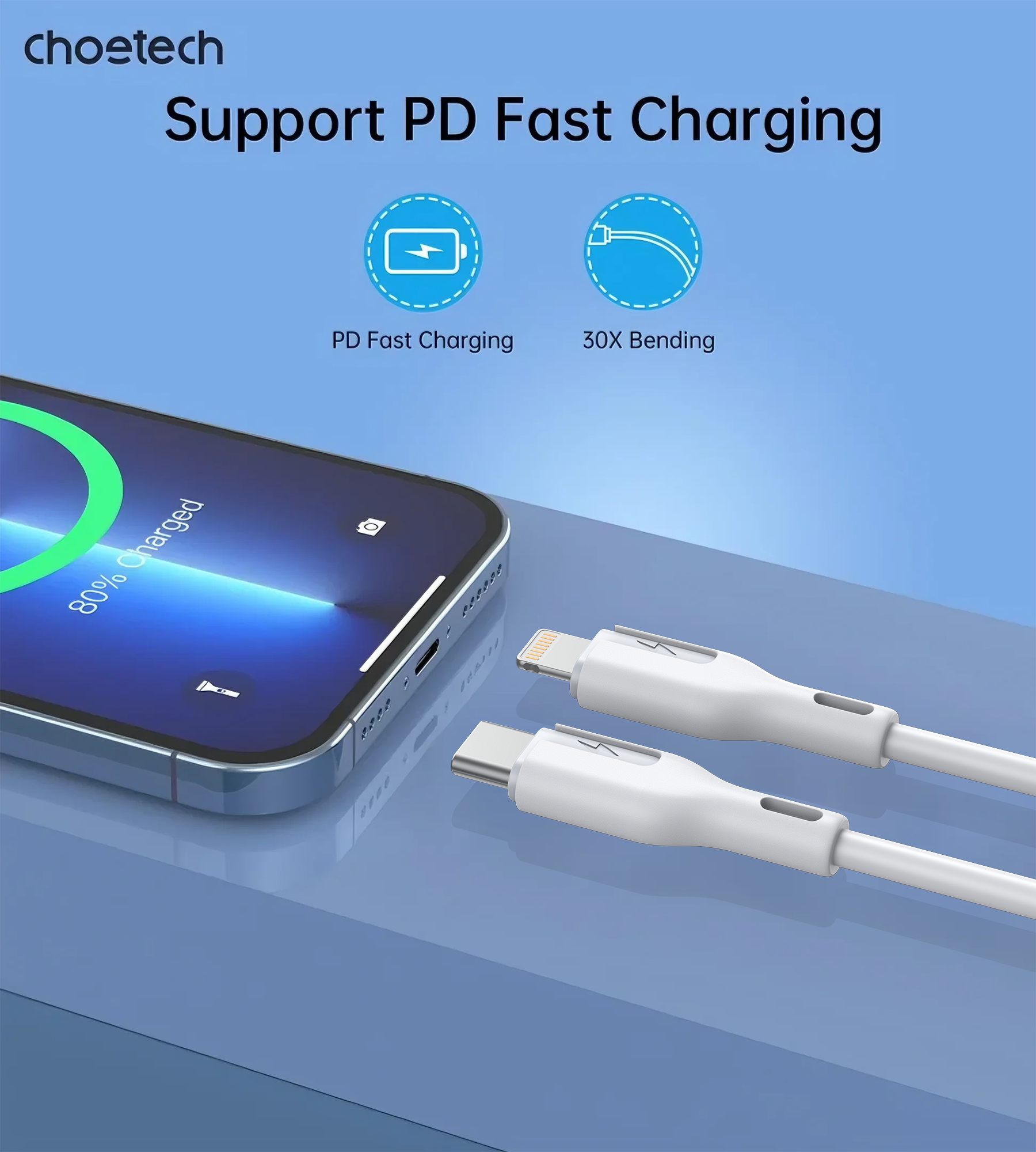 CHOETECH XCL-0002 Silicone USB-C to L Cable 1m White - SuperSaverAU - view 4