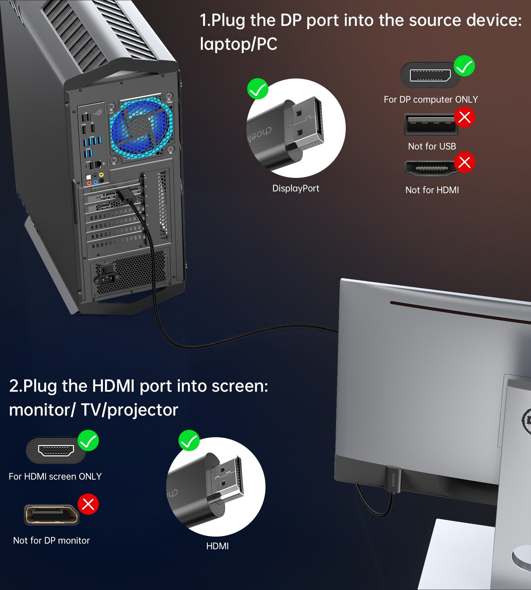 CHOETECH 2m Braided DisplayPort to HDMI 4K60Hz Male Cable Audio Video Adapter - SuperSaverAU - view 8