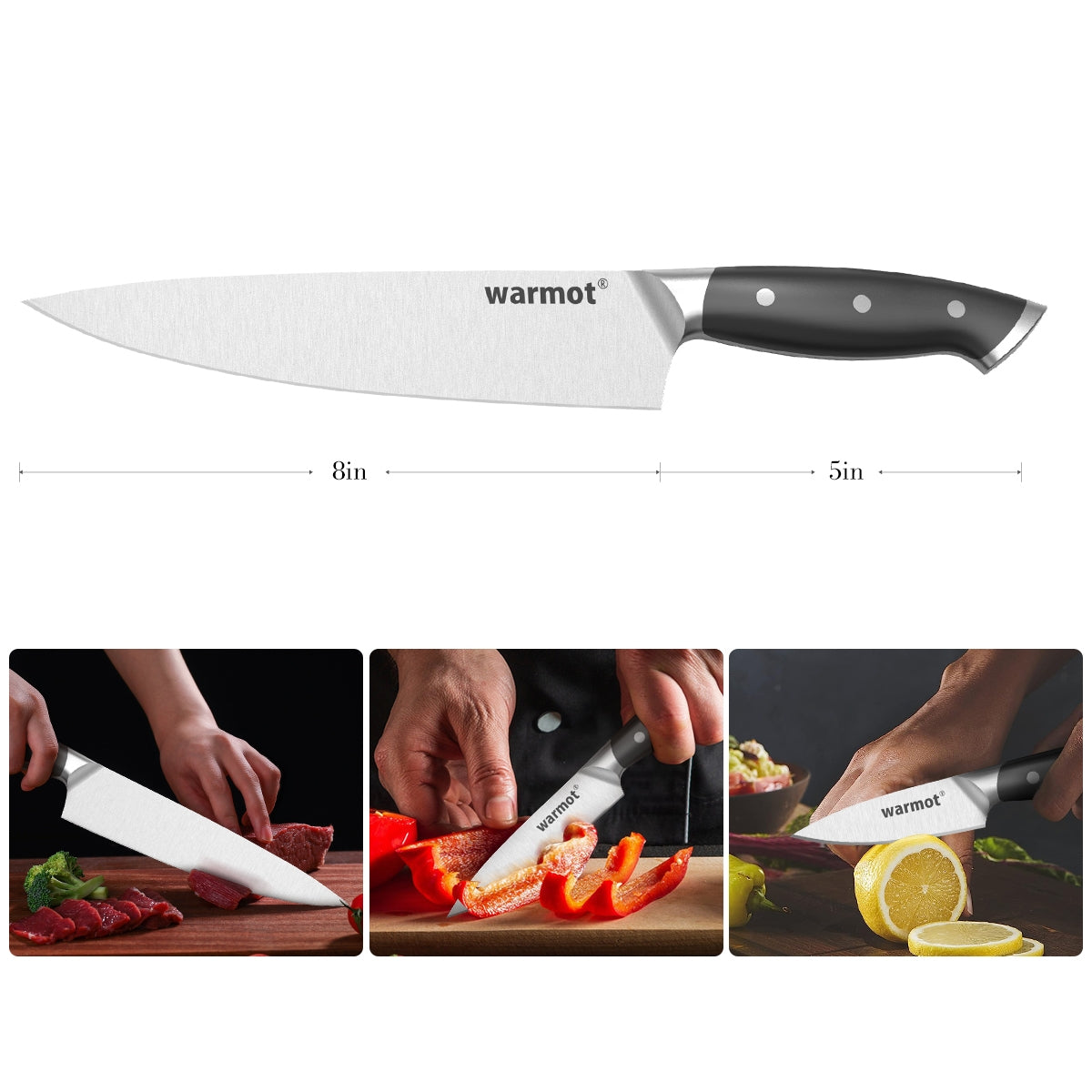 WARMOT 3-Piece Kitchen Knife Set - 8" Chef, 5" Utility, 3.5" Paring, Ergonomic Design - SuperSaverAU - view 5
