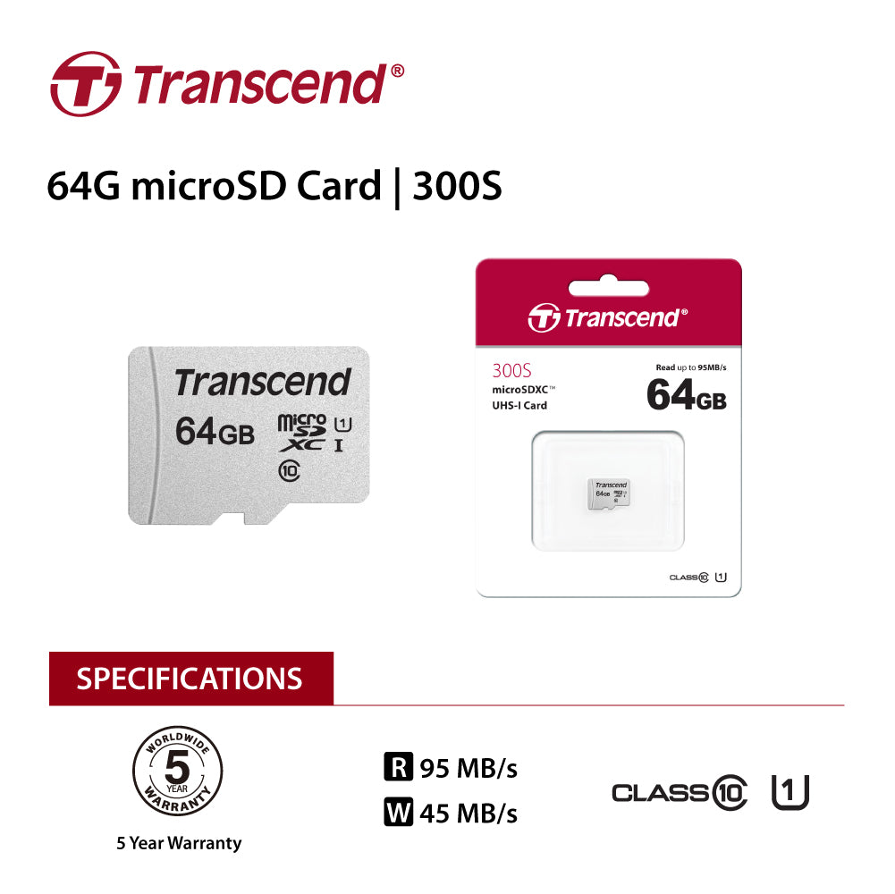 TRANSCEND TS64GUSD300S 64GB UHS-I U1 microSD w/o Adapter (microSDHC I, C10, U1) - SuperSaverAU - view 2