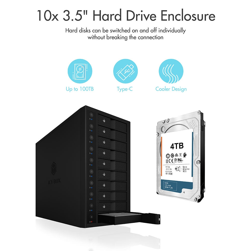 ICY BOX IB-3810-C31 SINGLE enclosure for 10x HDD with USB 3.1 (Gen 2) Type-C or Type-A interface - SuperSaverAU - view 3
