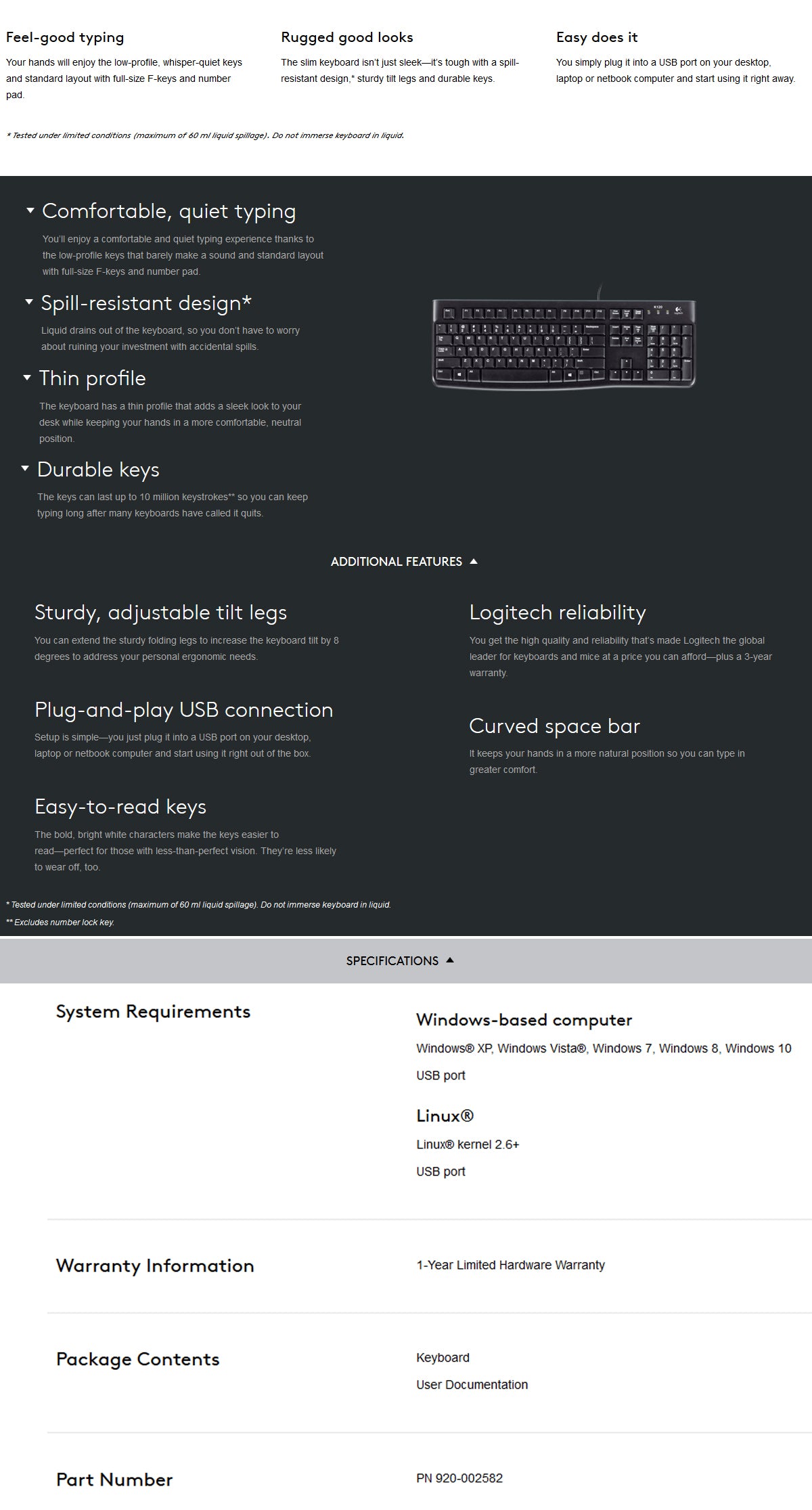 Logitech K120 USB Wired Keyboard Durable Design Adjustable Tilt Legs - SuperSaverAU - view 2
