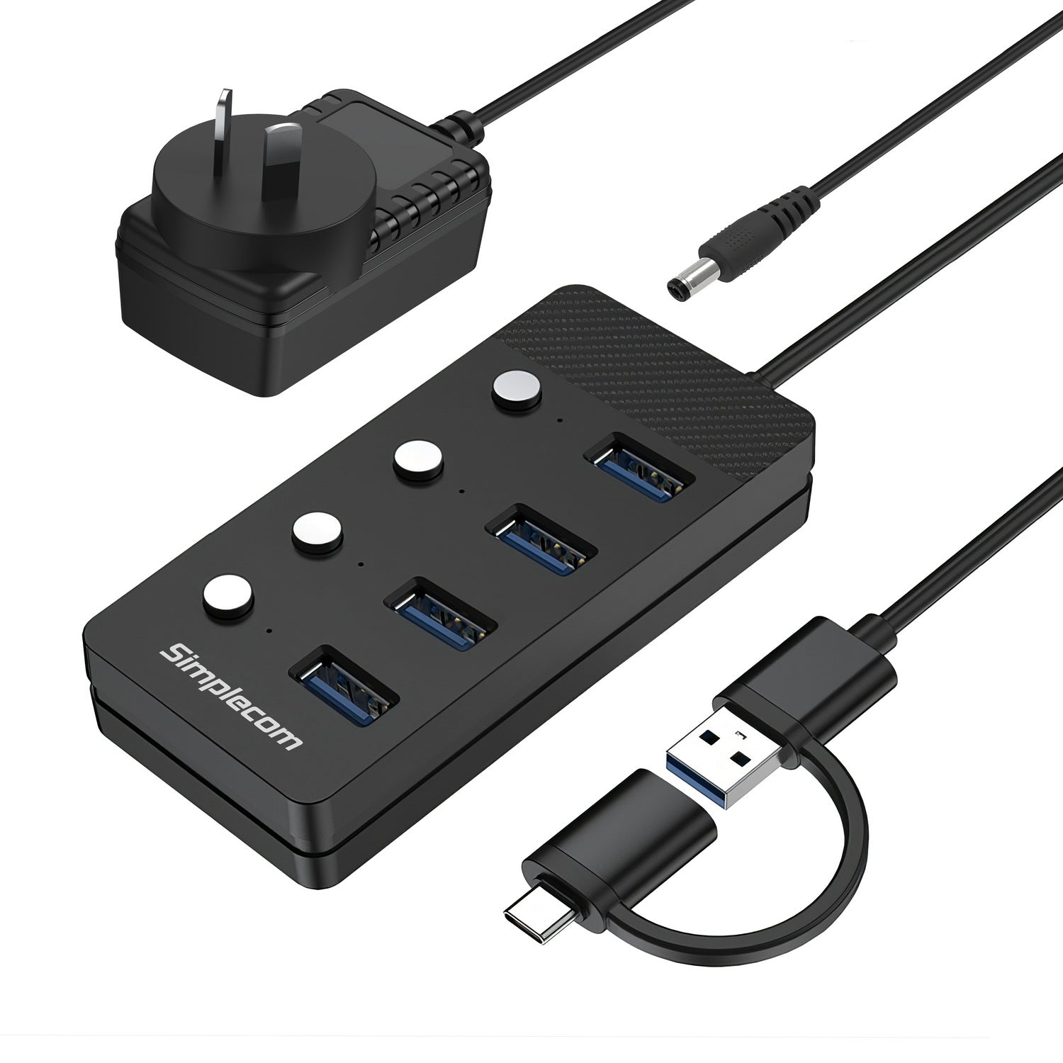 Simplecom CH345C SuperSpeed USB-A and USB-C to 4-Port USB 3.0 Hub 5Gbps Individual Switches and Power Adapter - SuperSaverAU - view 1