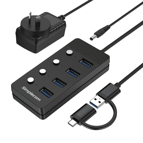 Simplecom CH345C SuperSpeed USB-A and USB-C to 4-Port USB 3.0 Hub 5Gbps Individual Switches and Power Adapter - SuperSaverAU - view 1