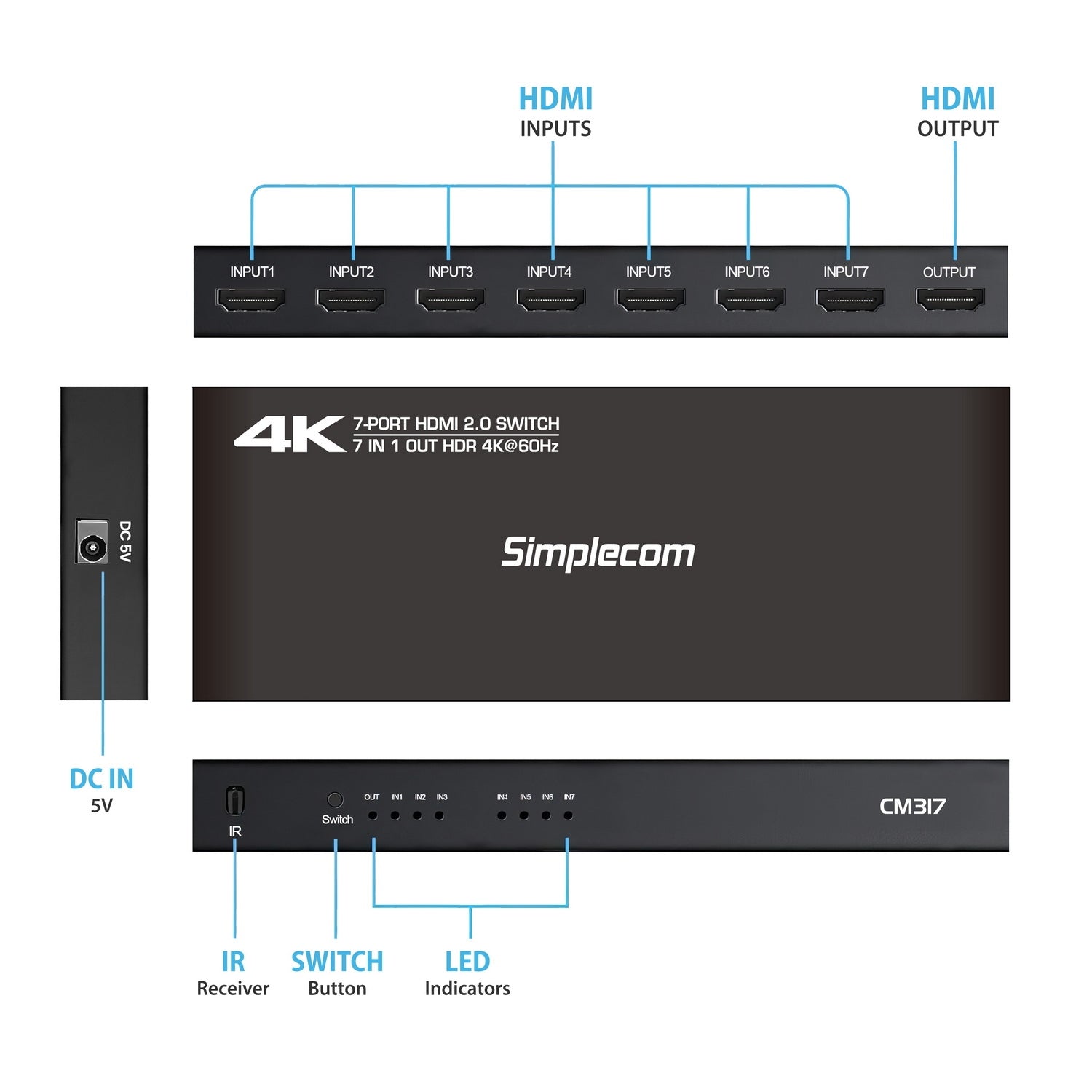 Simplecom CM317 7-Port HDMI 2.0 Switch with Remote 7 IN 1 OUT Splitter HDCP 2.2 4K@60Hz - SuperSaverAU - view 3