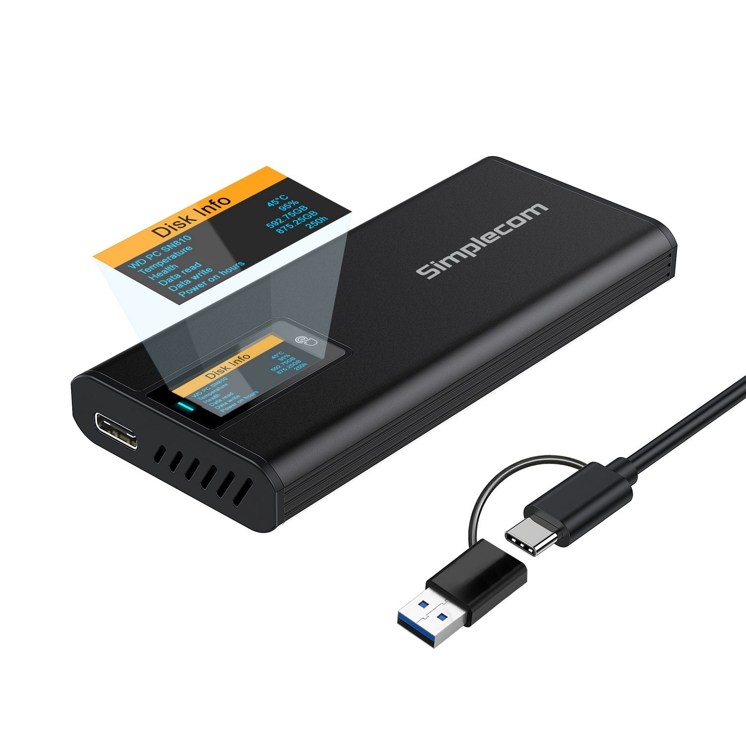 Simplecom SE530 NVMe / SATA M.2 SSD to USB-C Enclosure with SMART LED Screen USB 3.2 Gen 2 10Gbps - SuperSaverAU - view 1