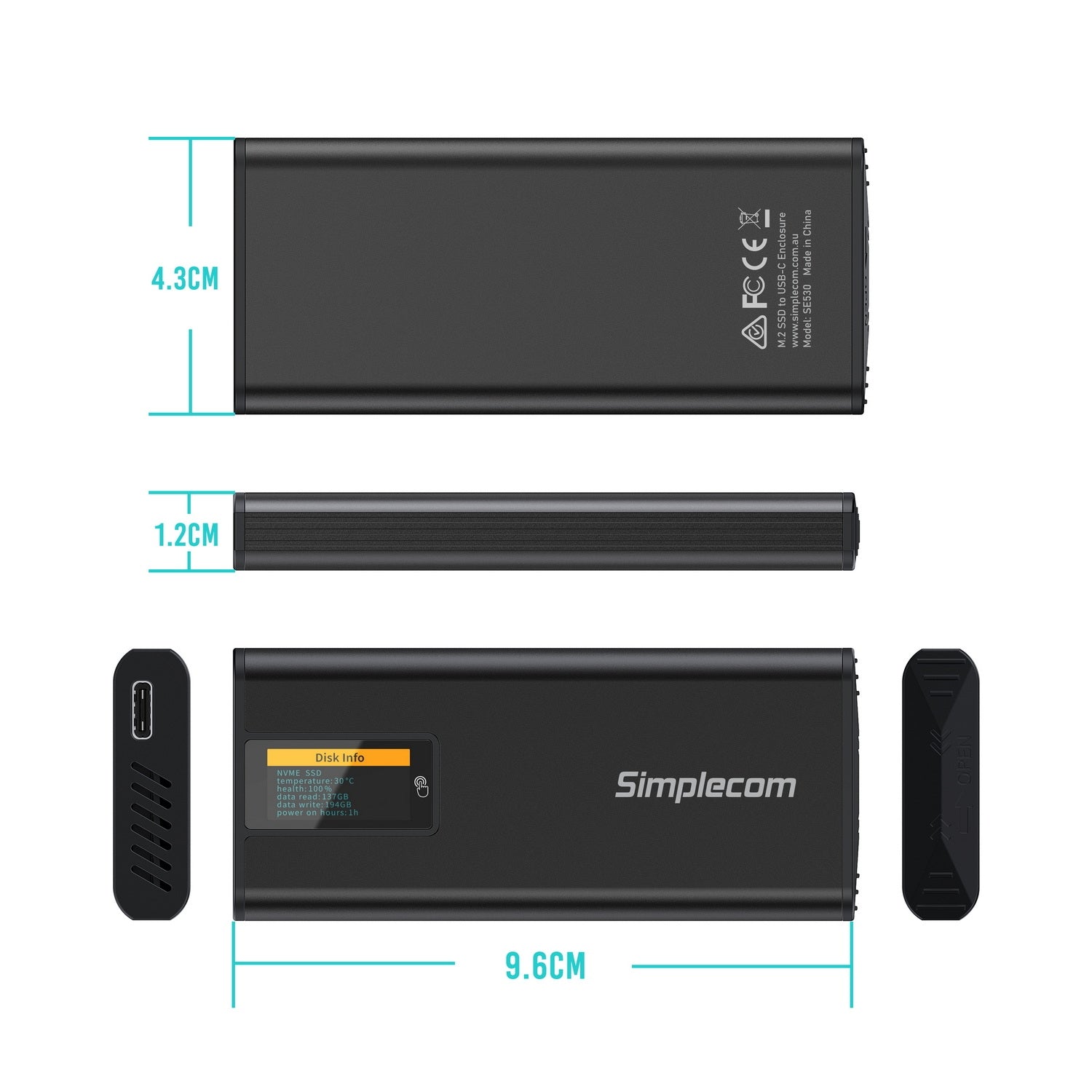 Simplecom SE530 NVMe / SATA M.2 SSD to USB-C Enclosure with SMART LED Screen USB 3.2 Gen 2 10Gbps - SuperSaverAU - view 5