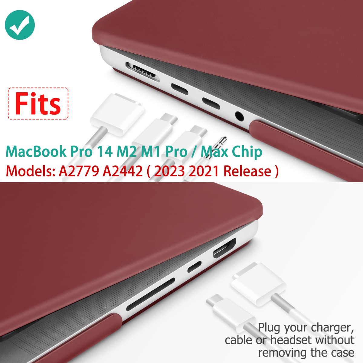 Premium Wine Red MacBook Pro 14 Hard Shell Case with Keyboard Cover A2779 A2442