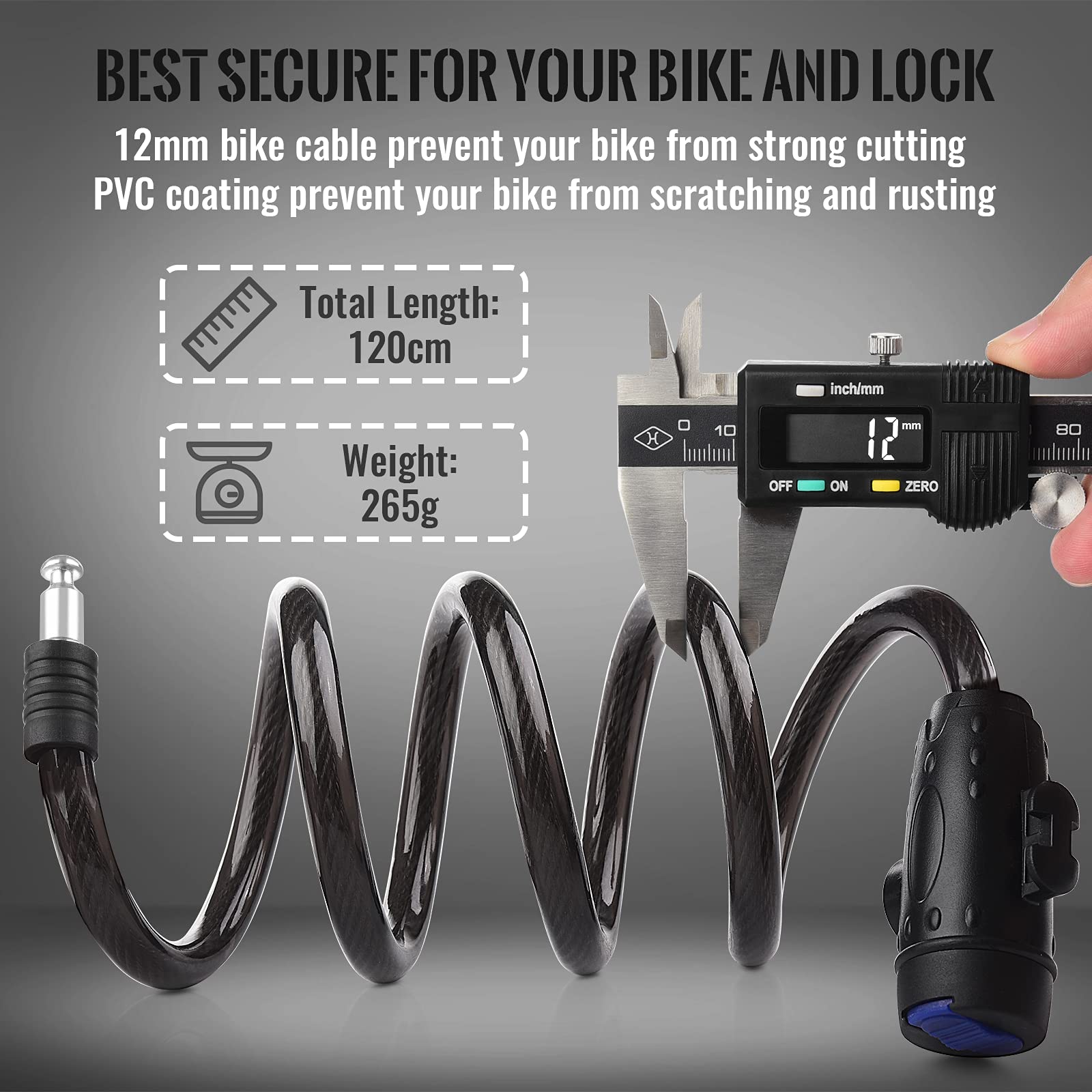 Premium Bike Cable Lock with 12mm Steel Cable, Bracket & 2 Keys - 1.2m