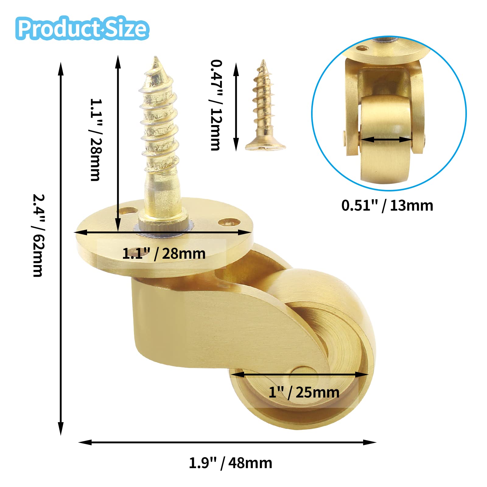 Brass Caster Wheel 1" / 25mm Swivel 360-Degree for Furniture, 100kg Load - SuperSaverAU - view 2