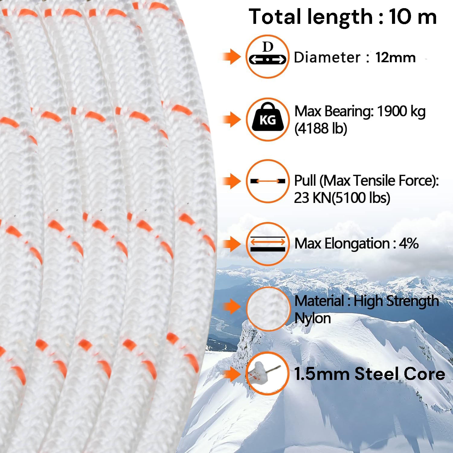Premium White 12mm x 10m Nylon Safety Rope with Steel Core