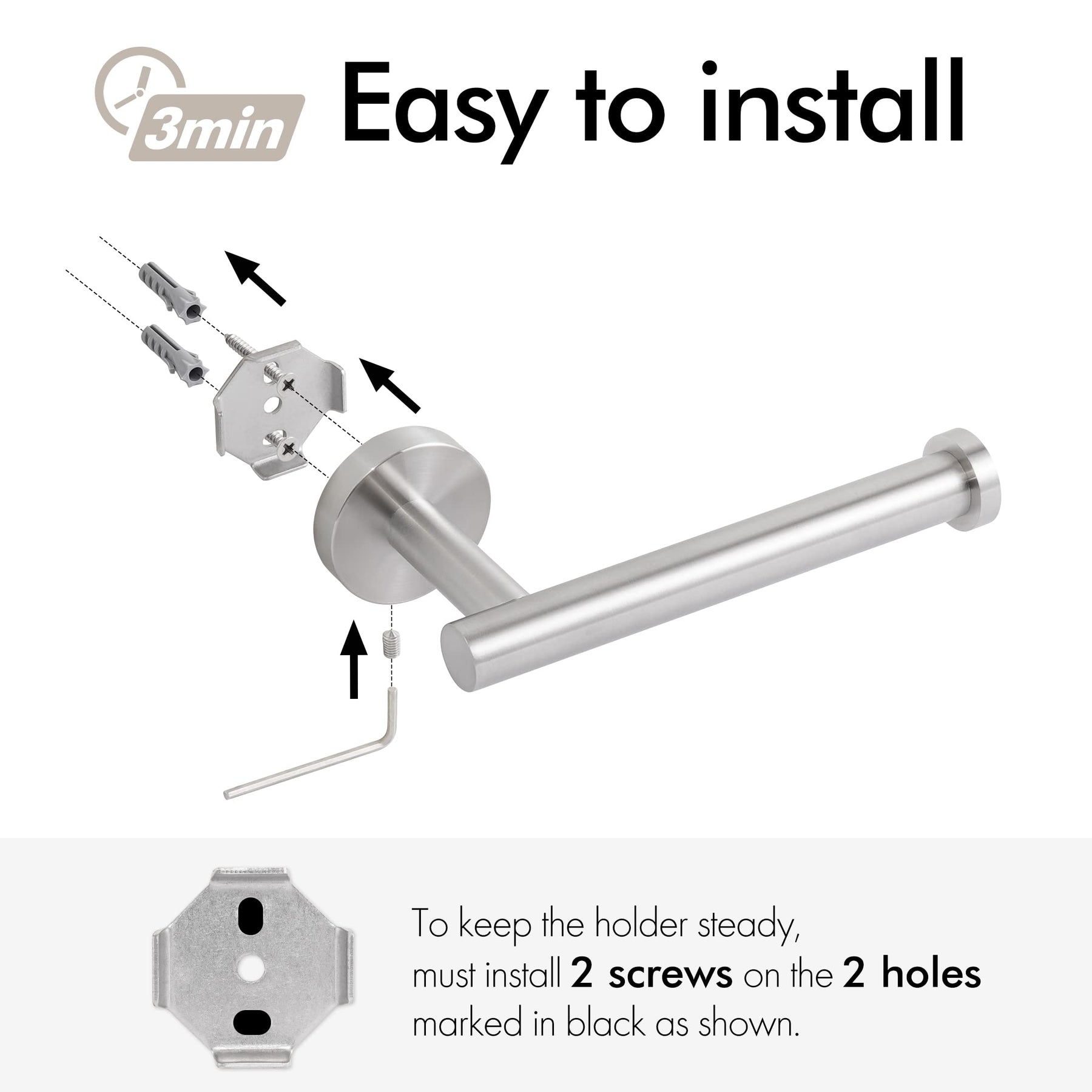 Brushed Silver Toilet Paper Holder, SUS304 Stainless Steel, 75mm x 155mm x 25mm - SuperSaverAU - view 2