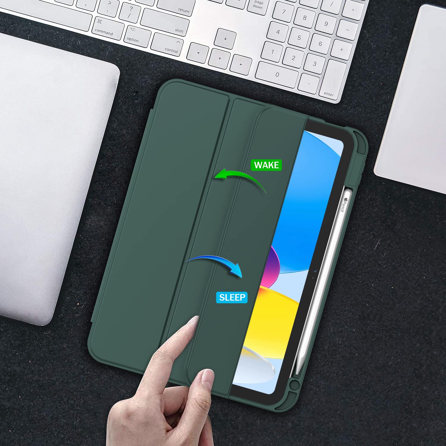 Premium Dark Green iPad 10th Gen 10.9 Smart Clear Case with Pencil Holder