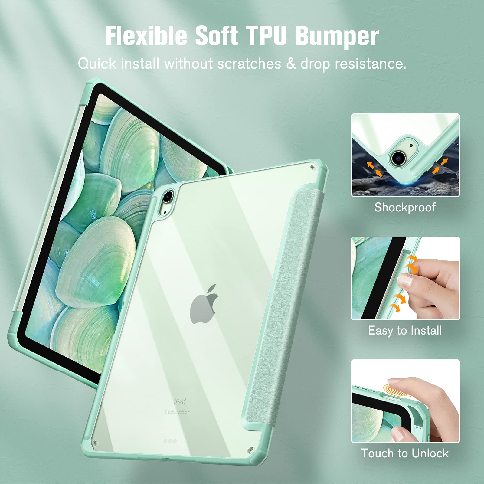 Premium Green iPad 10th Gen 10.9 Smart Clear Case with Pencil Holder