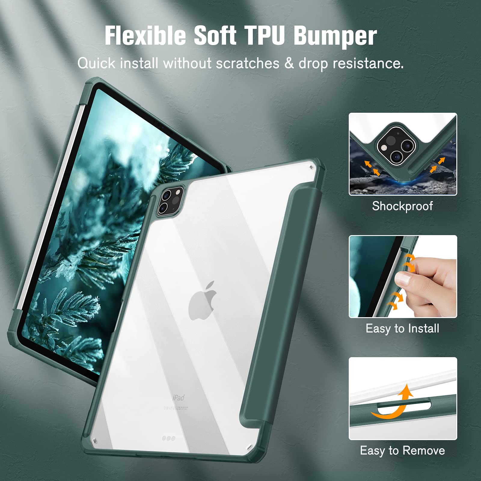 Premium Dark Green iPad Pro 11 Soft TPU Smart Case with Pencil Holder