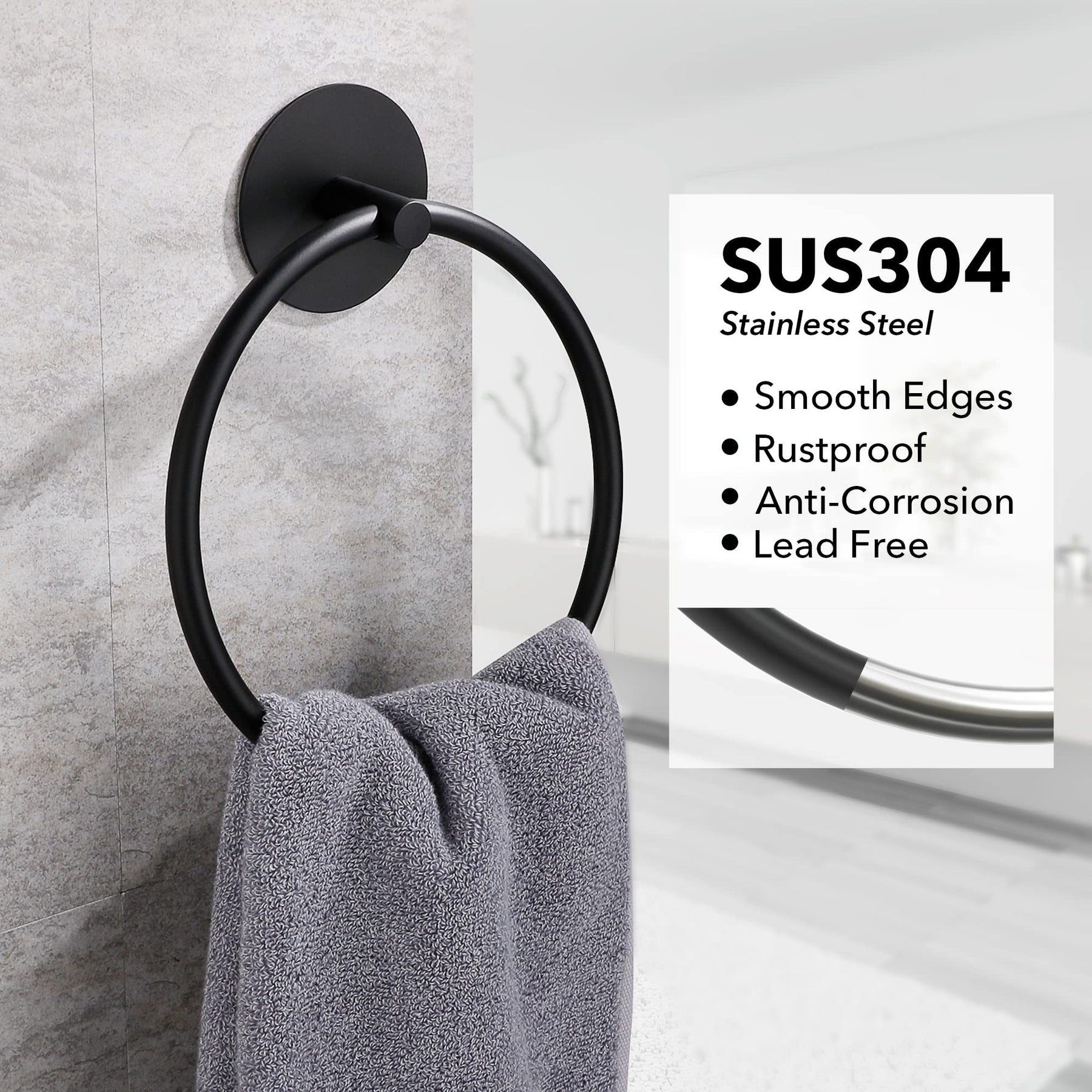 Black Bathroom Towel Ring, SUS304 Stainless Steel, 18cm x 16cm, Easy Install - SuperSaverAU - view 2